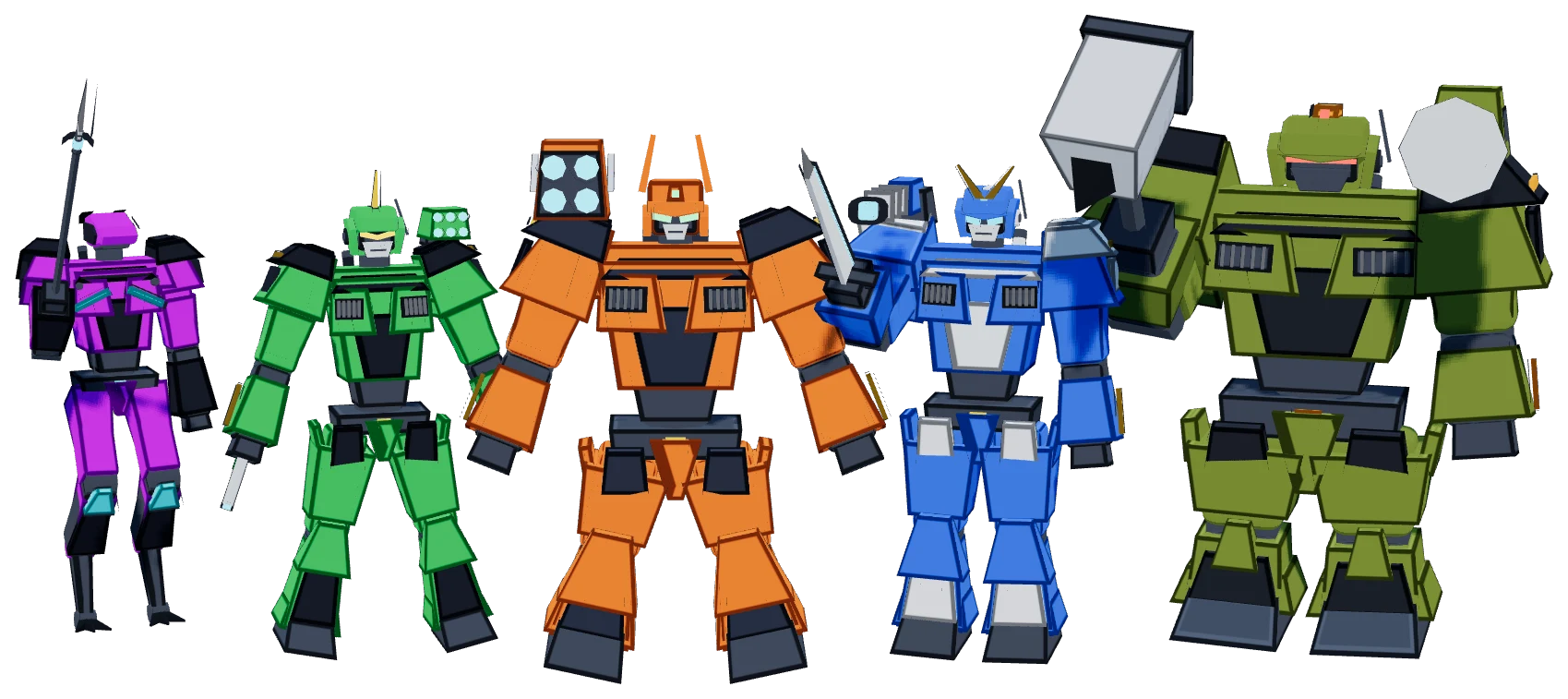 Five battle robots: a purple Strider with a spear, a green Scout, an orange Brawler with a rocket pod, a blue Interceptor with a blade, and a green Tank with a hammer and a cannon
